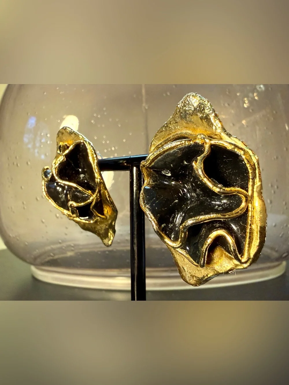 Rare Vintage 1980s Signed Lacombe Black & Gold Abstract Statements Earrings
